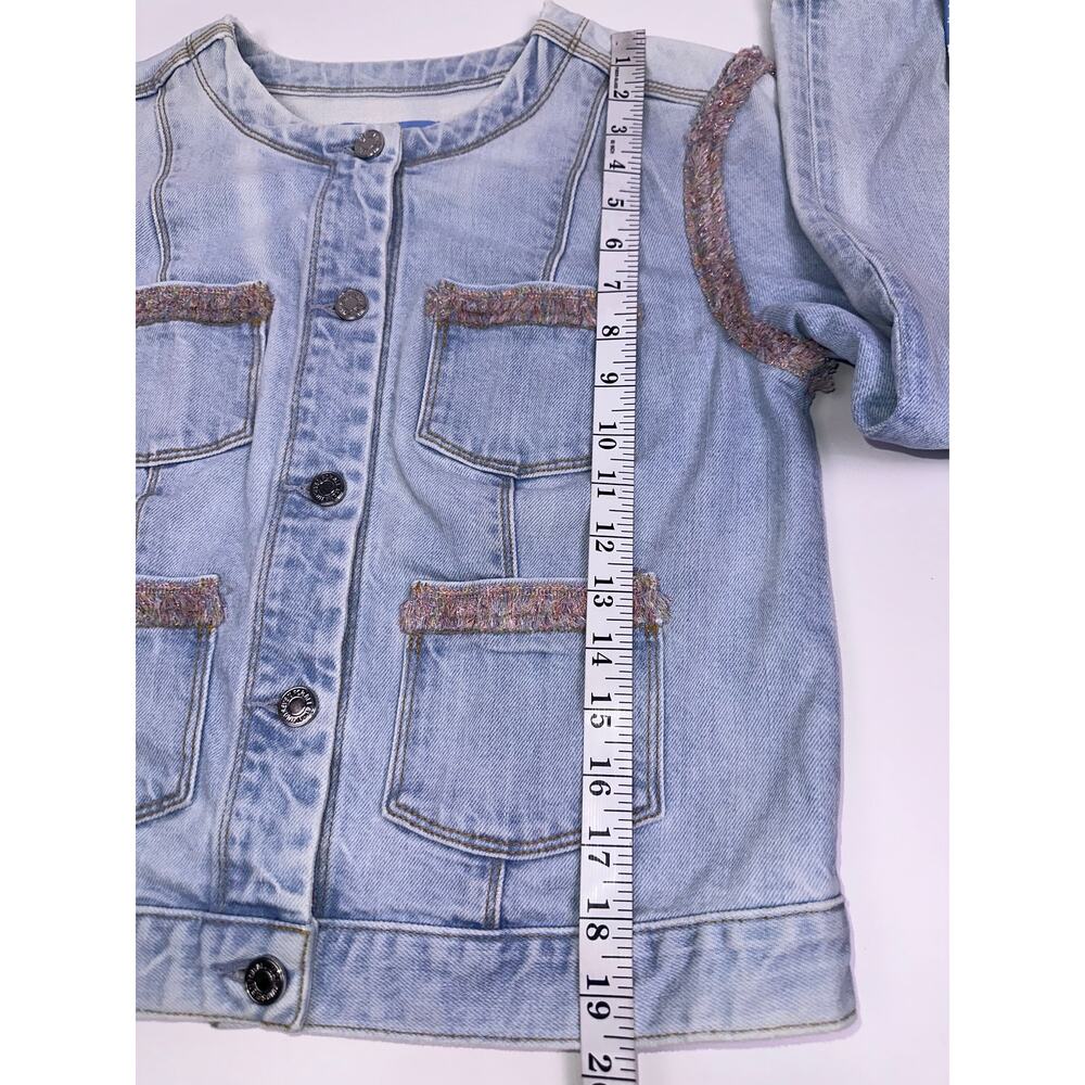 7 For All Mankind Light Wash Denim Jacket Pink Fringe Trim Button Front Size S - Picture 10 of 12